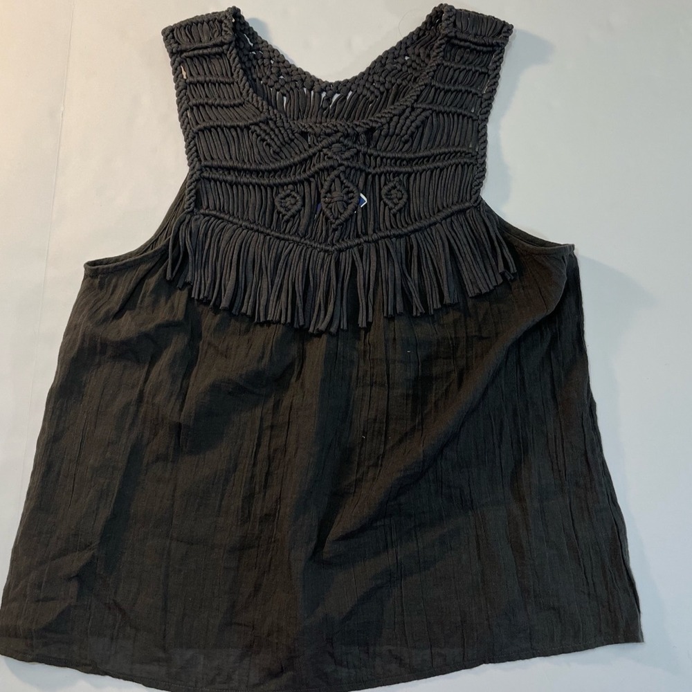 Aerie Macrame Fringe Tank Top Womens S Gray Boho Gauze Festival Boho Summer